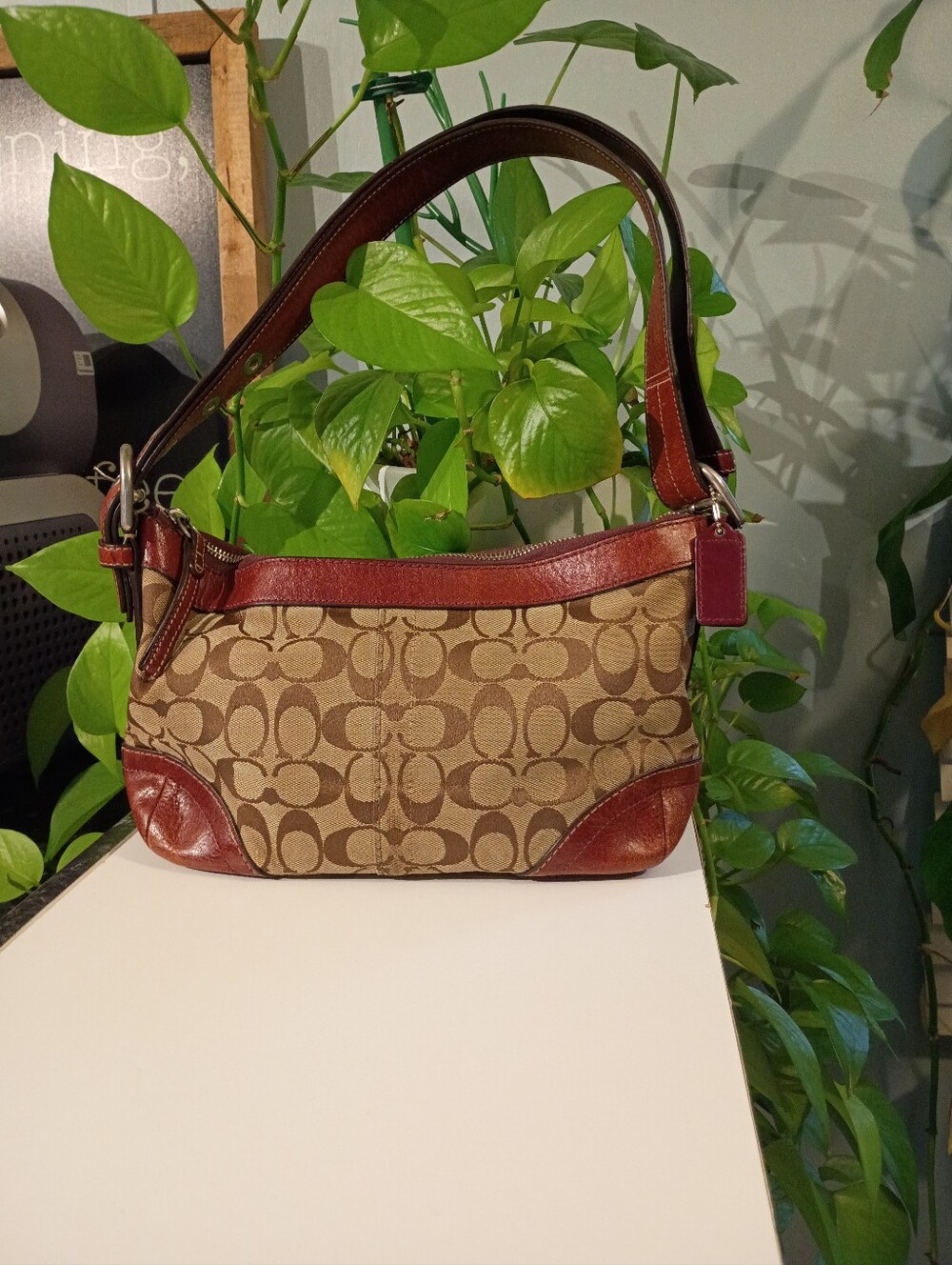 Coach Brown Signature Canvas Shoulder Bag with Dark Brown Leather Trim
